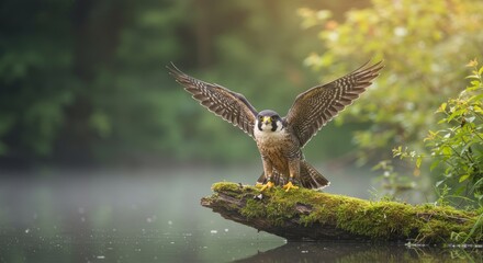 Fototapeta premium Majestic Peregrine Falcon on Mossy Log - A peregrine falcon with wings spread sits on a mossy log over tranquil water, bathed in soft sunlight