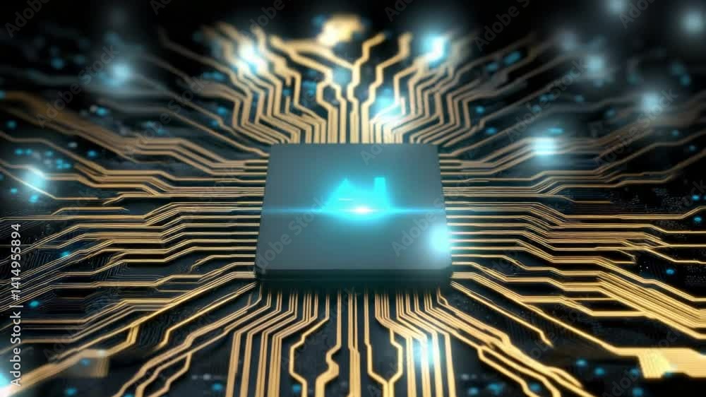 Poster futuristic ai technology concept with circuit board and glowing connections in dark background