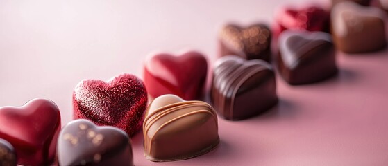 Heartshaped chocolate bonbons arranged on soft pink surface in red and brown