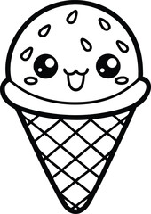 ice cream cone with fruit, ice cream silhouette vector icon, ice cream cone, kawaii food doodles coloring page cone ice cream on white background.