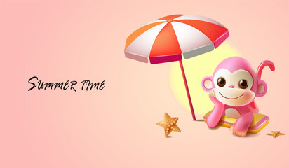 Cute pink monkey under a beach umbrella. Illustration on the theme of a summer vacation