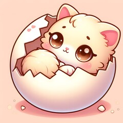 Adorable baby kitten with big sparkling eyes emerging from a cracked eggshell, surrounded by soft pink tones and hearts, symbolizing innocence, love, and new beginnings