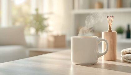 Warm morning beverage steaming in a white mug on a sunlit table, next to incense . Generative AI