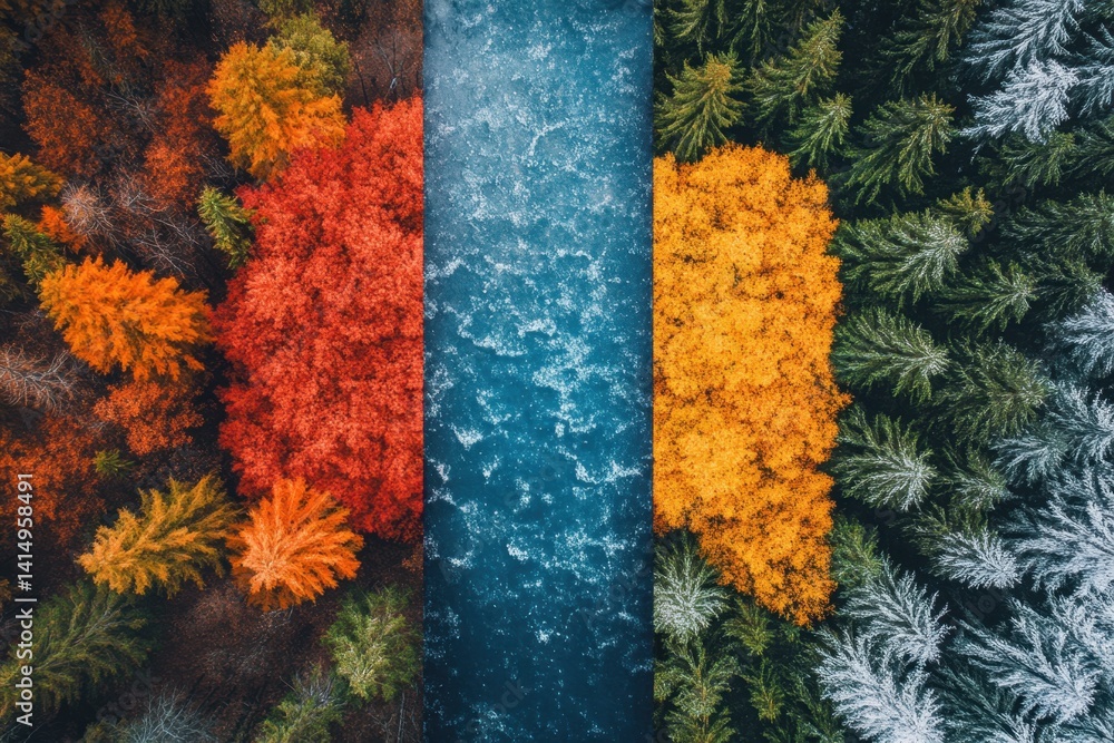 Poster aerial view of autumn forest trees with vibrant colors and river running through capturing the beaut