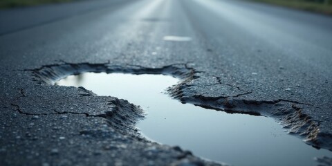 A close-up view of a significant pothole filled with still water on a cracked asphalt road surface