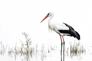 Obraz premium Graceful stork wading through tranquil waters on a misty morning in a serene wetland habitat