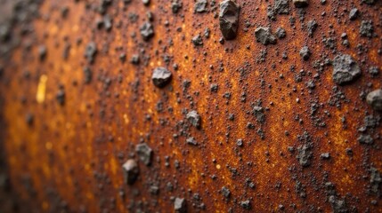 Close-up view of a heavily corroded metallic surface exhibiting a textured pattern of dark granules embedded within a rich, oxidized orange hue