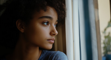 Uma jovem olha pela janela com uma expressão contemplativa