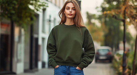 Linda modelo feminina vestindo um moletom verde-escuro de manga comprida verde-exército