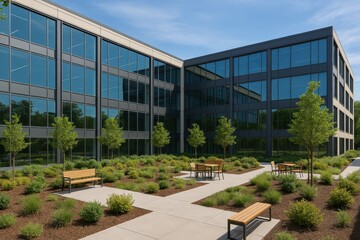 Obraz premium Modern Office Courtyard with Greenery and Stylish Seating Areas
