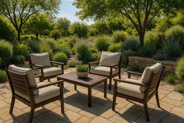 Obraz premium Outdoor Seating Area with Simple Furniture Surrounded by Greenery