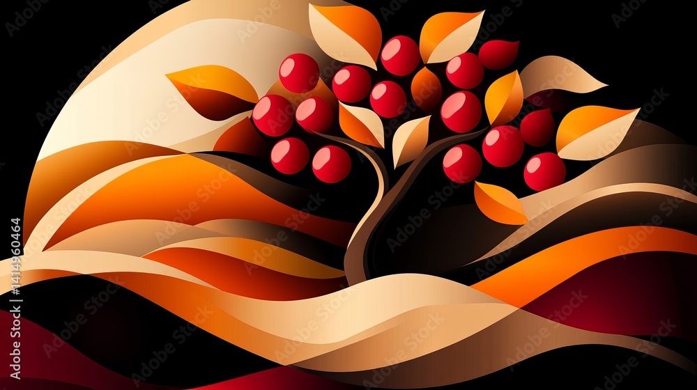 Poster abstract pomegranate art displays red fruit and golden leaves on a dark background with flowing brow