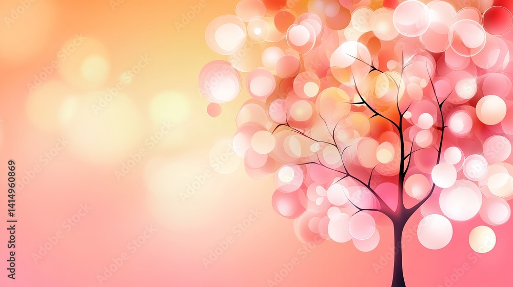 Poster abstract tree displays pink and white bokeh orbs against blurred peach and orange background creatin