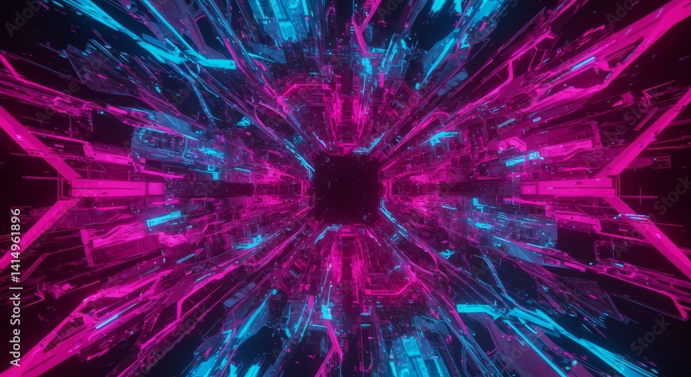 Poster neon cyber tunnel - abstract of a futuristic neon tunnel with pink and blue glowing lines creating a