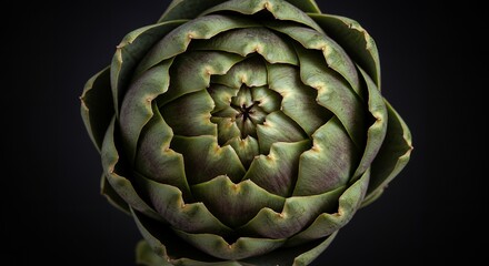 Obraz premium Overhead Close Up of a Fresh Green Artichoke Against a Dark Black Background