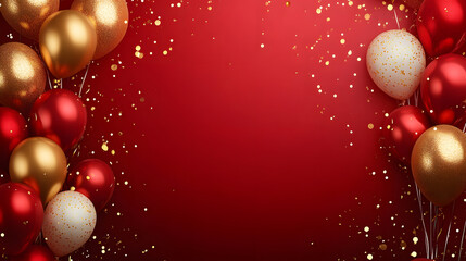 Celebration party banner background with red, gold balloons, carnival, festival or birthday balloon red background, red celebration background template