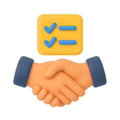 3D Render of a Handshake with a Checklist Icon - Agreement, Deal, Partnership Concept