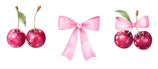 Collection of watercolor cherries with pink bow, girly set
