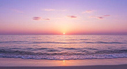 Obraz premium Pastel Sunset Beach Scene - Serene ocean waves gently lapping a sandy shore at sunset. Symbolizes peace, tranquility, hope, renewal, and escape