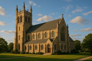 Fototapeta premium Beautiful Stone Church with Tower and Green Landscape Under Blue Sky