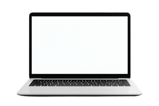 Silver laptop mockup with blank screen and black keyboard on transparent background.