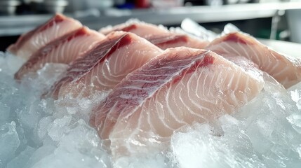 A close up of fish fillets on ice