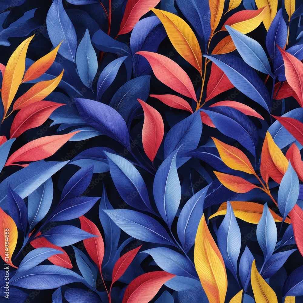 Poster vibrant foliage pattern with blue red and yellow leaves against a dark backdrop creating a visually 
