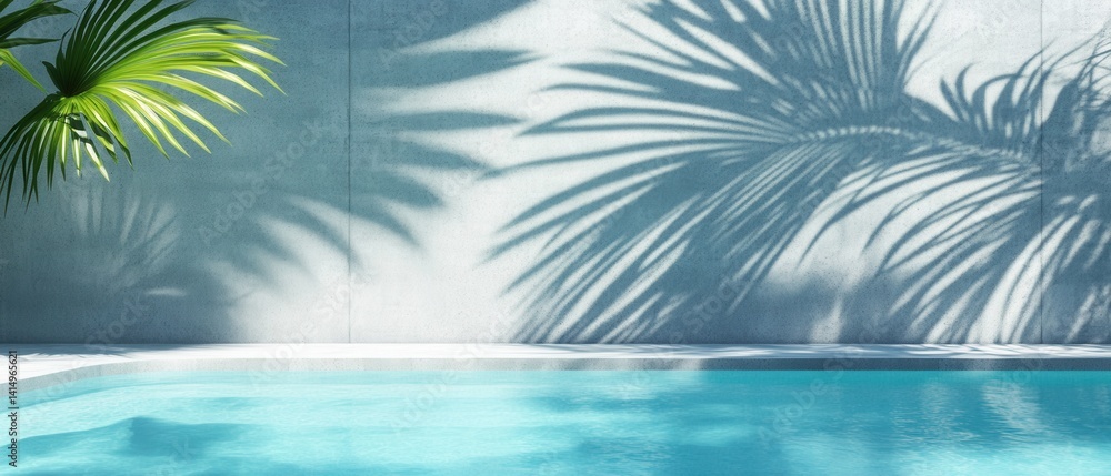 Poster serene pool scene with turquoise water and palm leaf shadows on a textured wall creating a tranquil 
