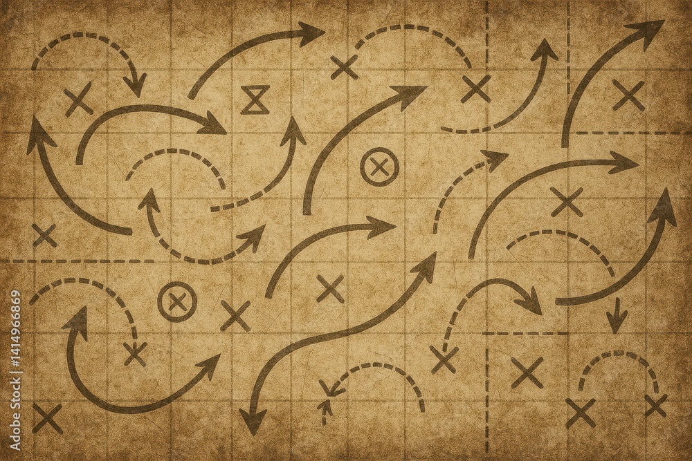 Poster vintage map background with arrows and marks in distressed style