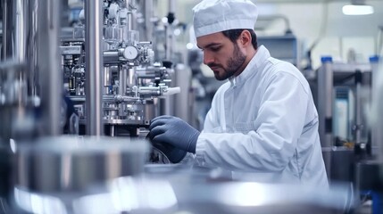 Fototapeta premium Engineer in a factory setting, monitoring machinery and production.