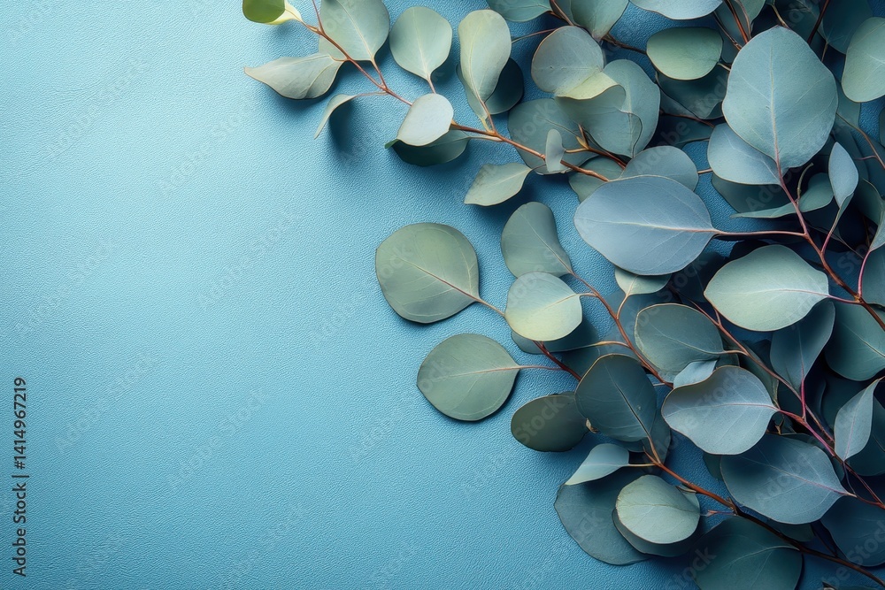 Poster eucalyptus leaves arranged on a blue background create a serene and calming composition suitable for