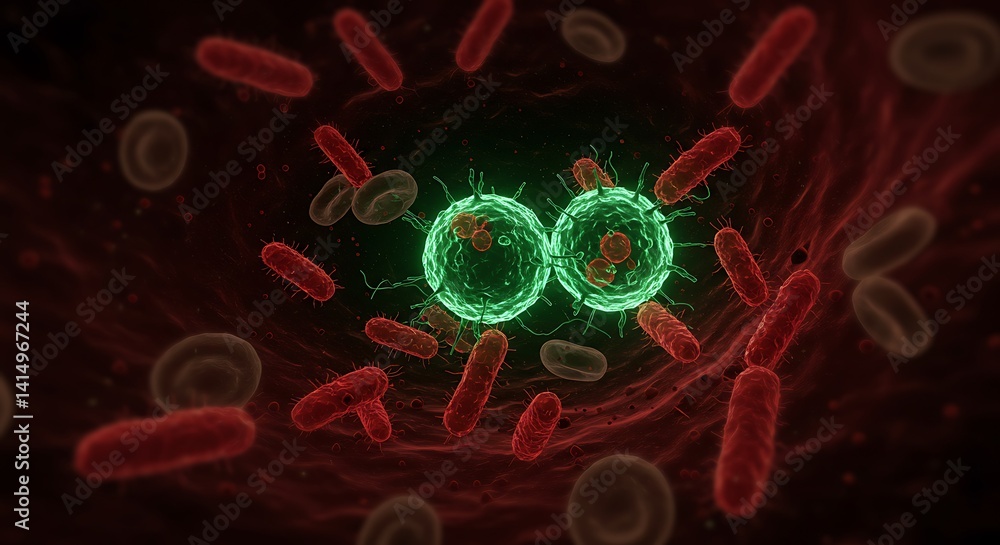 Poster microscopic rendering of bacteria and blood cells within a vascular system