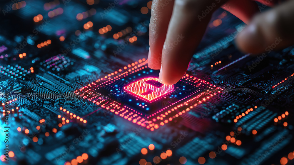 Poster human finger touching a virtual padlock icon on a digital circuit board displaying cybersecurity con