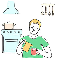 Guy preparing breakfast. Young man doing morning routine. Daily rituals. Hand drawn doodle vector illustration