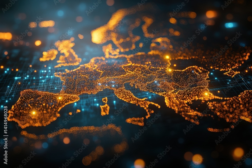 Poster detailed illuminated map of europe showcasing interconnected lights and data networks at night