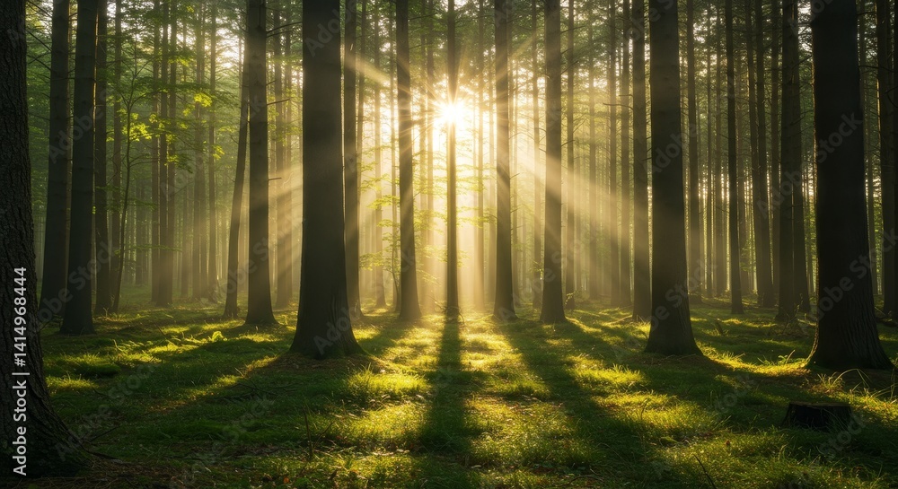 Poster sunbeams in the forest - sun rays pierce through the trees in a misty forest creating a magical, ser