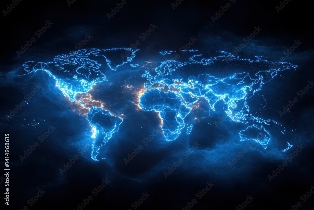Poster brightly illuminated world map displaying continents and countries against a dark background with gl