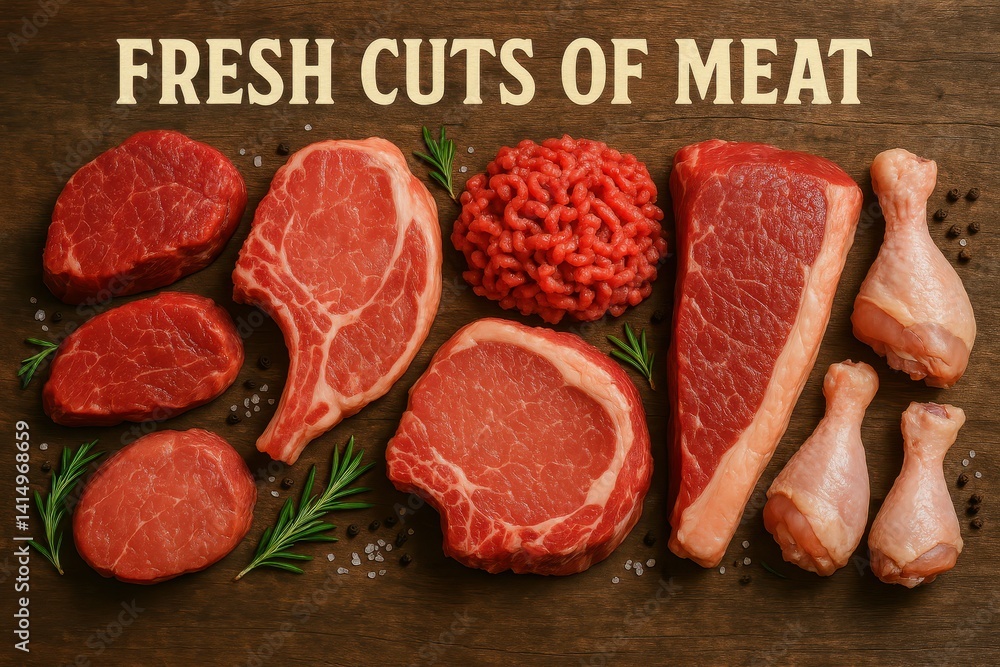 Poster fresh cuts of meat display with various types and textures