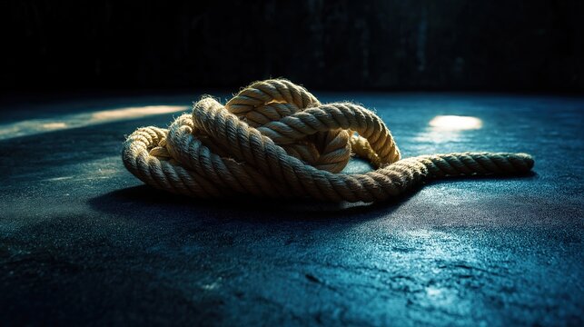Coiled fitness rope on gym floor, dynamic shadows and side lighting - Strength and discipline in minimalist motion