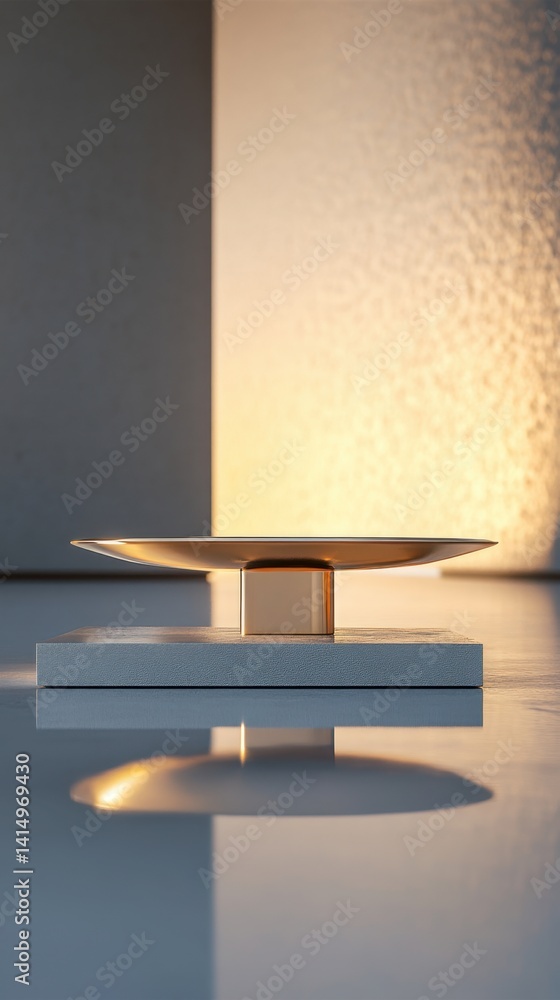 Poster elegant golden plate on minimal stand reflecting light in studio environment with soft focus backgro