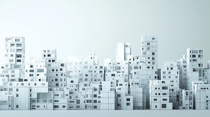 A minimalist representation of a dense urban landscape, showcasing various geometric structures in a monochromatic color scheme.