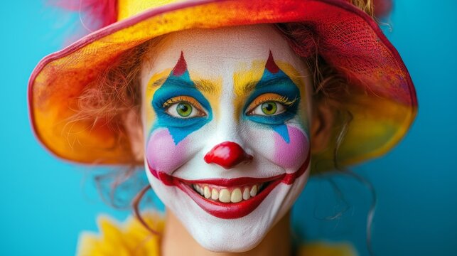 A woman with a clown face painted on her face and a yellow hat on her head