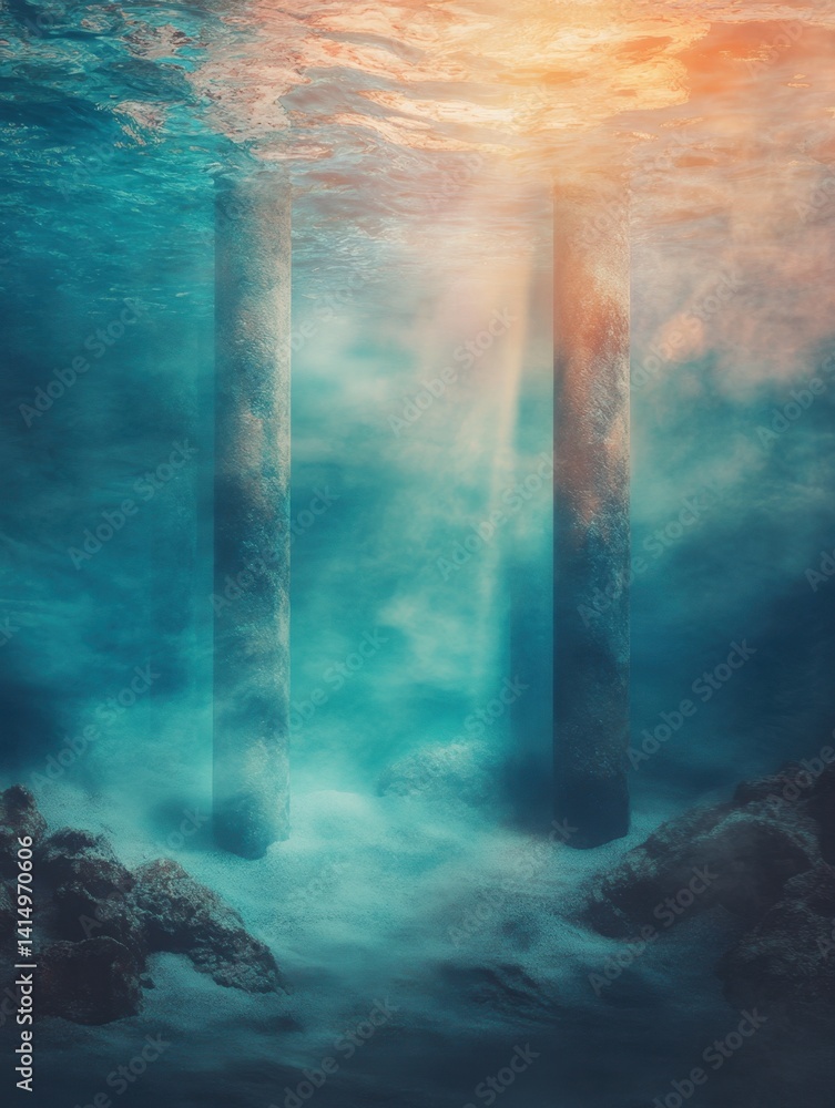 Poster serene underwater scene featuring weathered pillars bathed in ethereal light creating a tranquil and