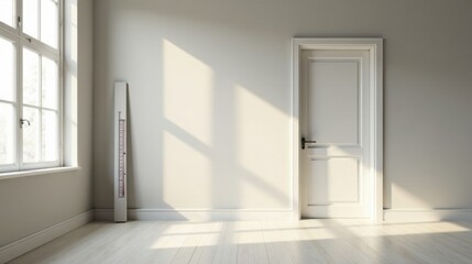 Empty Room Interior Design Sunlight Streaming Through Window, Illuminating White Walls, Wooden Floor, and Closed Door with a Tall Measurement Device