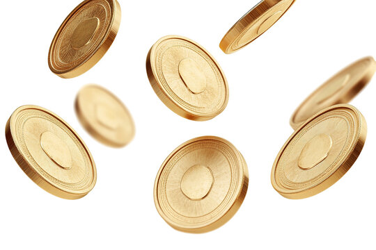 Shiny, golden coins floating in air against transparent background. Smooth texture, round shapes, and light gleaming