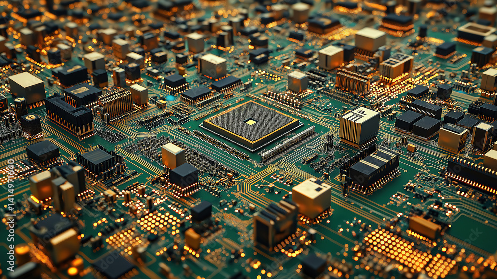 Poster abstract design of a printed circuit board with various technological elements highlighting modern t