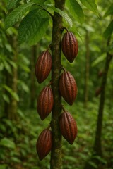 Cacao Tree with Pods in Lush Green Forest Setting