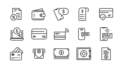 Online Payment line icon set. Mobile banking, payment methods, bank, online payment, money transfer, banking, credit card, and currency exchange outline icon collection. UI thin outline icon pack
