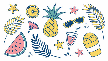 Obraz premium Tropical Paradise Collection, vector set for Palm Leaves, Starfish, Cocktails & Relaxation