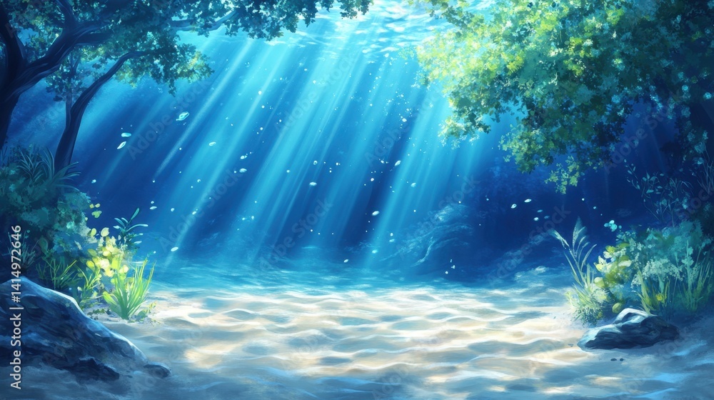 Poster serene underwater scene with sunbeams filtering through the water creating a tranquil atmosphere and